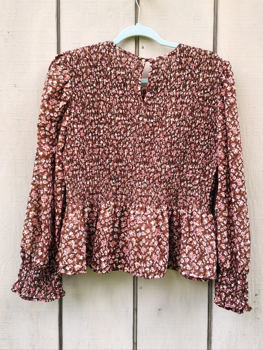 Live 4 Truth Rust Ditsy Floral Smocked Peplum Blouse Balloon Sleeves Lightweight - Picture 4 of 8